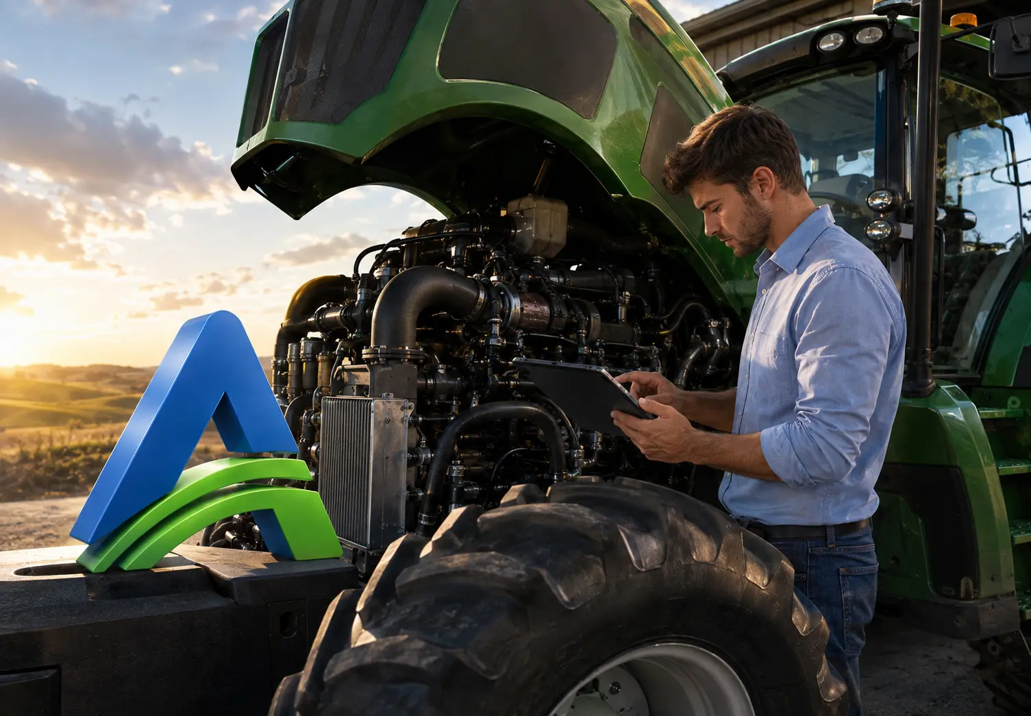 Engenheiro avaliando motor de trator ao lado da marca AssetTech Agro